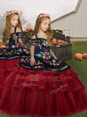 Straps Sleeveless Little Girls Pageant Dress Floor Length Embroidery and Ruffled Layers Red Tulle