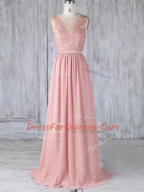 Scoop Sleeveless Court Dresses for Sweet 16 Sweep Train Appliques Pink Chiffon