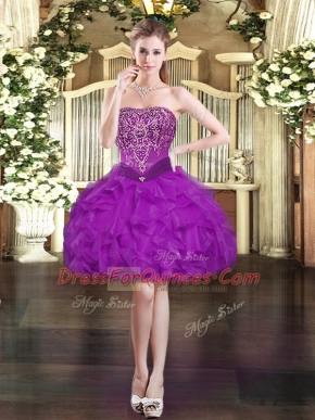 Comfortable Purple Homecoming Dress Prom and Party with Beading and Ruffles Strapless Sleeveless Lace Up
