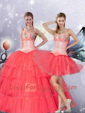 2015 Coral Red Sweetheart Quinceanera Dresses with Layers and Appliques