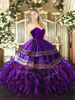 Fitting Purple Sleeveless Floor Length Embroidery and Ruffles Zipper Quinceanera Dress