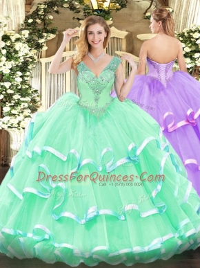 High End V-neck Sleeveless Lace Up Quinceanera Gowns Apple Green Organza