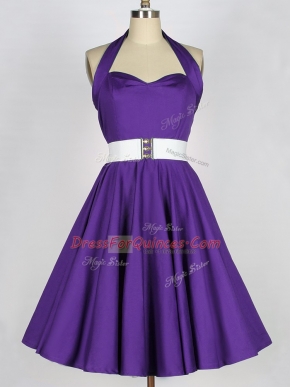 Affordable Purple Taffeta Zipper Halter Top Sleeveless Knee Length Vestidos de Damas Ruching