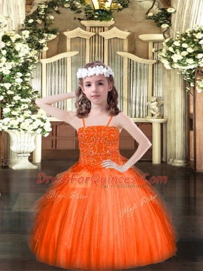 Best Orange Red Spaghetti Straps Neckline Beading and Ruffles Little Girl Pageant Dress Sleeveless Lace Up