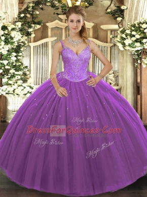 Purple Ball Gowns Beading Ball Gown Prom Dress Lace Up Tulle Sleeveless Floor Length