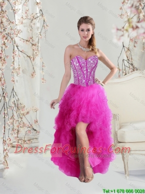 2016 Inexpensive High Low Sweetheart Fuchsia Prom Dresses with Beading and Ruffles