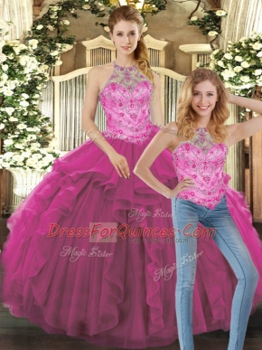 Fine Floor Length Fuchsia Quinceanera Gown Halter Top Sleeveless Lace Up