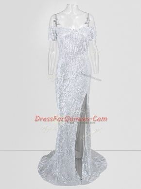 Romantic Silver Mermaid Sequins Dress for Prom Short Sleeves