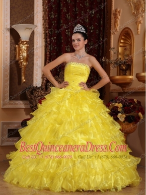 Yellow Ball Gown Strapless Floor-length Organza Beading Quinceanera Dress