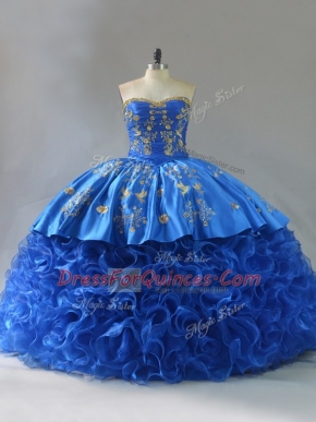 Popular Royal Blue Fabric With Rolling Flowers Lace Up Quinceanera Gowns Sleeveless Embroidery and Ruffles
