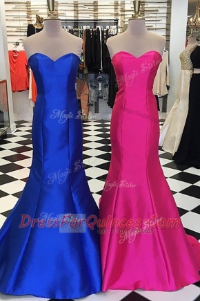 Mermaid Royal Blue Zipper Prom Dress Ruching Sleeveless Floor Length