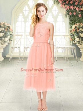 Custom Made Peach Zipper Scoop Lace Prom Dress Chiffon Sleeveless