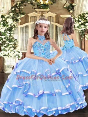 Baby Blue Ball Gowns Organza High-neck Sleeveless Appliques and Ruffled Layers Floor Length Lace Up Little Girl Pageant Gowns