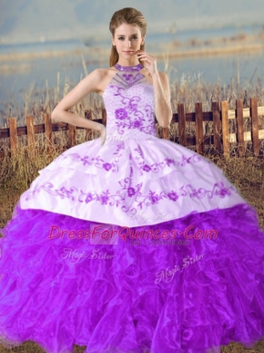 Purple Sleeveless Court Train Embroidery and Ruffles Floor Length Sweet 16 Dresses