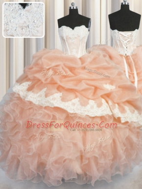 Perfect Sweetheart Sleeveless 15th Birthday Dress Floor Length Appliques and Ruffles and Pick Ups Peach Organza