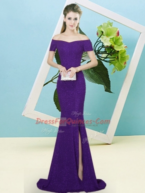 Short Sleeves Sweep Train Zipper Sequins Prom Evening Gown