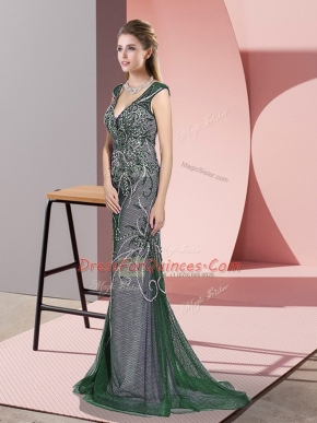 Gorgeous Beading Prom Dress Dark Green Zipper Sleeveless Sweep Train