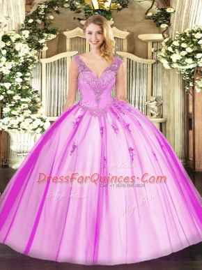 Lilac Tulle Lace Up 15 Quinceanera Dress Sleeveless Floor Length Beading