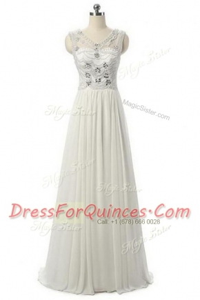 Sleeveless Floor Length Beading Zipper Prom Dresses with White