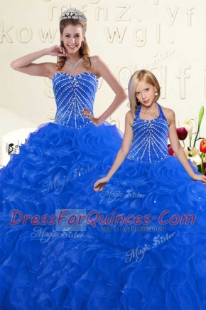 Comfortable Blue Ball Gowns Organza Sweetheart Sleeveless Beading and Ruffles Floor Length Lace Up Quinceanera Gown