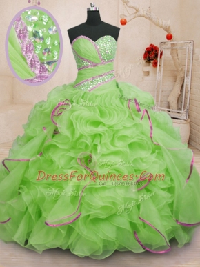 Nice Organza Sleeveless With Train 15 Quinceanera Dress Brush Train and Beading and Ruffles