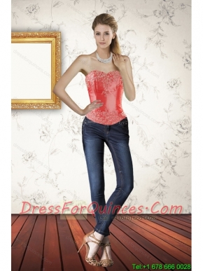 2015 New Style Strapless Coral Red Corset with Embroidery