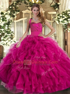 Fuchsia Lace Up Halter Top Ruffles Vestidos de Quinceanera Tulle Sleeveless