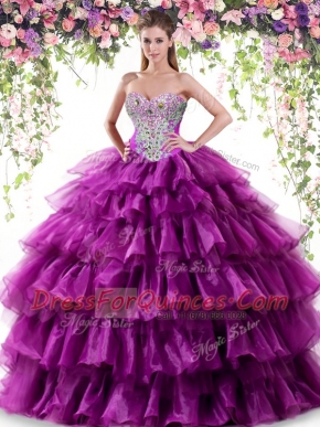 Edgy Ruffled Sweetheart Sleeveless Lace Up Quinceanera Dresses Purple Organza