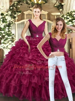Burgundy Sleeveless Organza Backless 15th Birthday Dress for Sweet 16 and Quinceanera