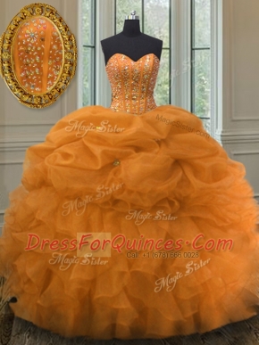 Nice Pick Ups Orange Sleeveless Organza Lace Up Quinceanera Gown for Military Ball and Sweet 16 and Quinceanera