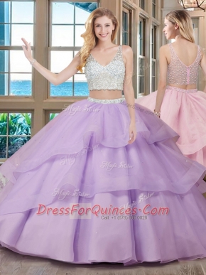 Suitable Lavender V-neck Zipper Beading Sweet 16 Dresses Brush Train Sleeveless