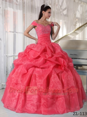 Elegant Watermelon Ball Gown Off The Shoulder Taffeta and Organza Beading Quinceanera Dress