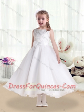Pretty Scoop White Flower Little Girl Dress with Beading and Bowknot