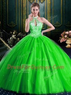 Halter Top Sleeveless Tulle Ball Gown Prom Dress Beading Lace Up