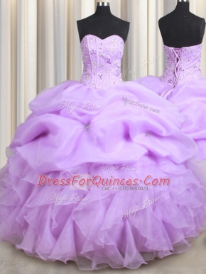 Visible Boning Lilac Sweetheart Neckline Beading and Ruffles and Pick Ups Quinceanera Dress Sleeveless Lace Up