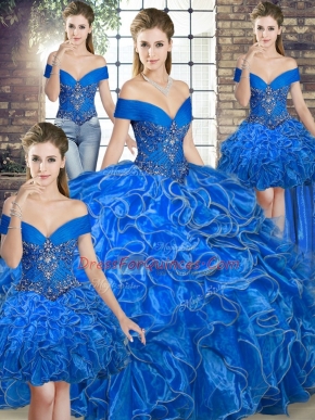 Royal Blue Lace Up Sweet 16 Quinceanera Dress Beading and Ruffles Sleeveless Floor Length