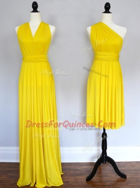 Lovely Sleeveless Floor Length Ruching Lace Up Dama Dress with Yellow
