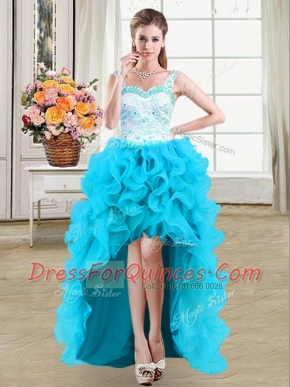 Edgy Straps High Low Lace Up Prom Evening Gown Baby Blue for Prom and Party with Beading and Appliques and Ruffles
