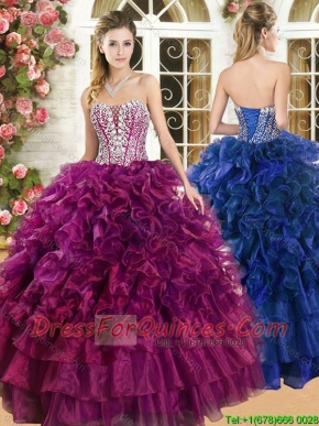 Popular Ruffled and Beaded Organza Quinceanera Dress in Burgundy