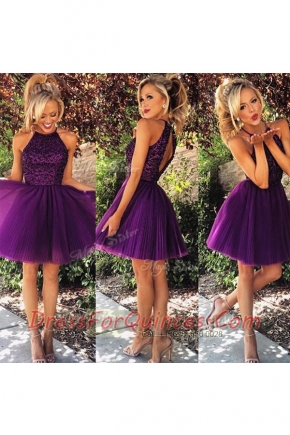 Knee Length Backless Prom Dress Purple for Prom and Party with Beading and Ruching