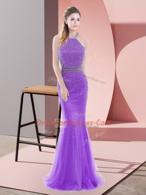 Purple Tulle Backless Prom Party Dress Sleeveless Sweep Train Beading