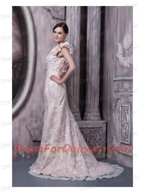 Prom Dress Champagne Column Scoop Brush Train Taffeta and Lace Hand Made Flower