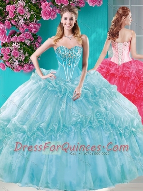 Big Puffy Ruffled Turquoise Quinceanera Dresses with Beaded Bodice