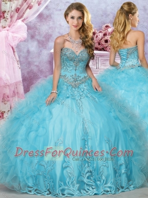 Hot Sale Beaded and Ruffled Organza Quinceanera Dress in Aqua Blue