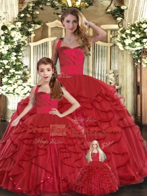 Red Ball Gowns Ruffles Sweet 16 Dresses Lace Up Tulle Sleeveless Floor Length