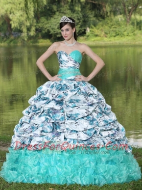 Quinceanera Dress Colorful Printing and Organza Beaded Decorate Waist Pick-ups and Ruffles Brush Train Lovely Style