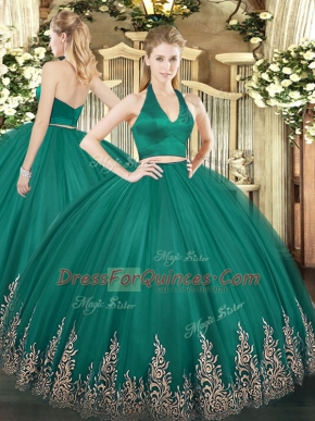Traditional Appliques Sweet 16 Dresses Dark Green Zipper Sleeveless Floor Length