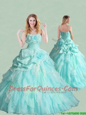 Popular Spaghetti Straps Brush Train Quinceanera Dress with Handcrafted Flowers and Bubbles