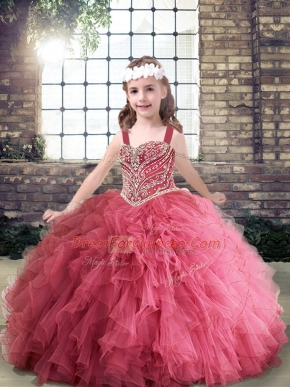 Dramatic Pink Ball Gowns Straps Sleeveless Tulle Floor Length Lace Up Beading and Ruffles Pageant Dress Toddler