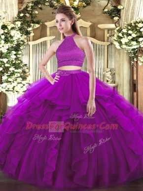 Purple Two Pieces Tulle Halter Top Sleeveless Beading and Ruffles Floor Length Backless 15th Birthday Dress